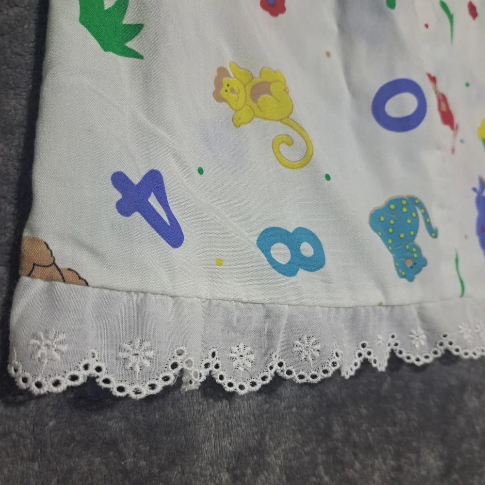 VTG Handmade Girls White Animal Numbers A-Line Dress Eyelet Hem Kidcore Retro